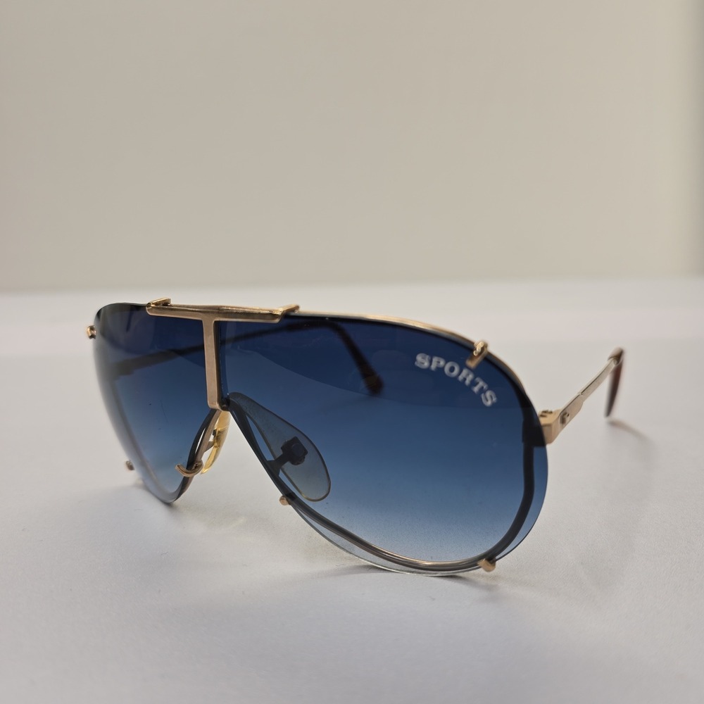 Vintage Sports Shield Sunglasses Gold Blue Gradient Lens Oversized Aviator Retro